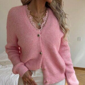 Pink Casual Women's V Neck Cardigan with Lace Trim